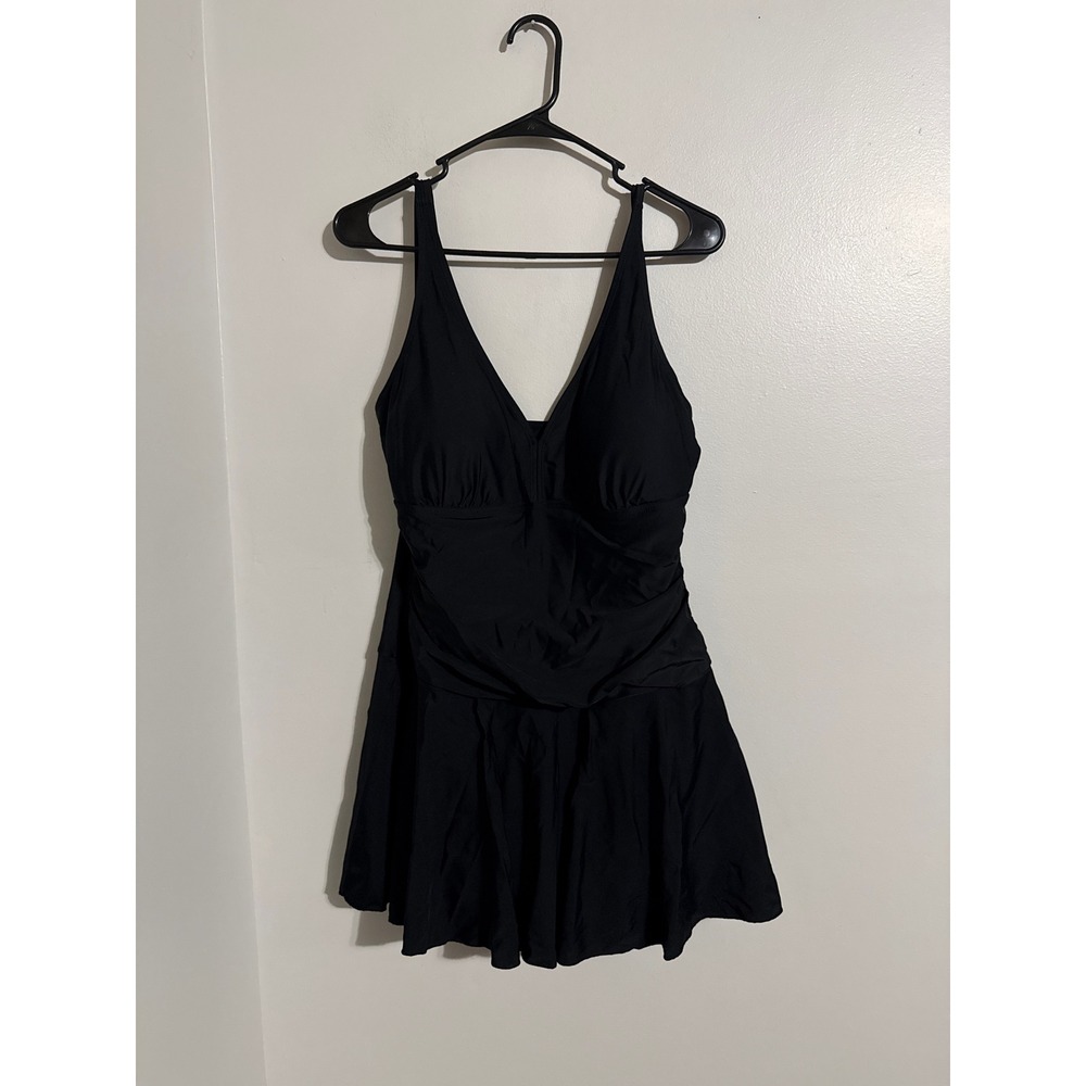 Shekini Women Black V-Neck Ruched One Piece Swimdress Swimsuit Size XL